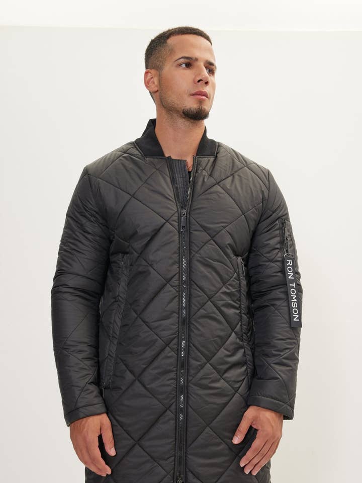 Men's Light Padded Long Coat - Black for wholesale by Ron Tomson