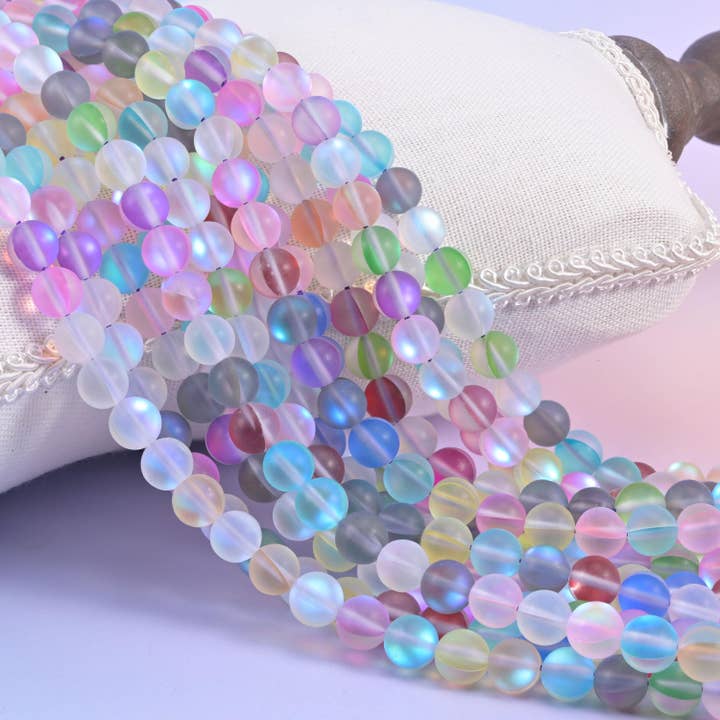 Matte Rainbow Aura Round Glass Beads: Iridescent Jewelry Making Supply, 15 Inch Strand for wholesale by Mycrazycrystal