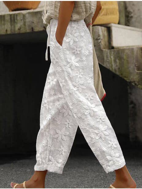 White Cotton Linen Embroidery Cropped Elastic Waist Pants for wholesale on Faire