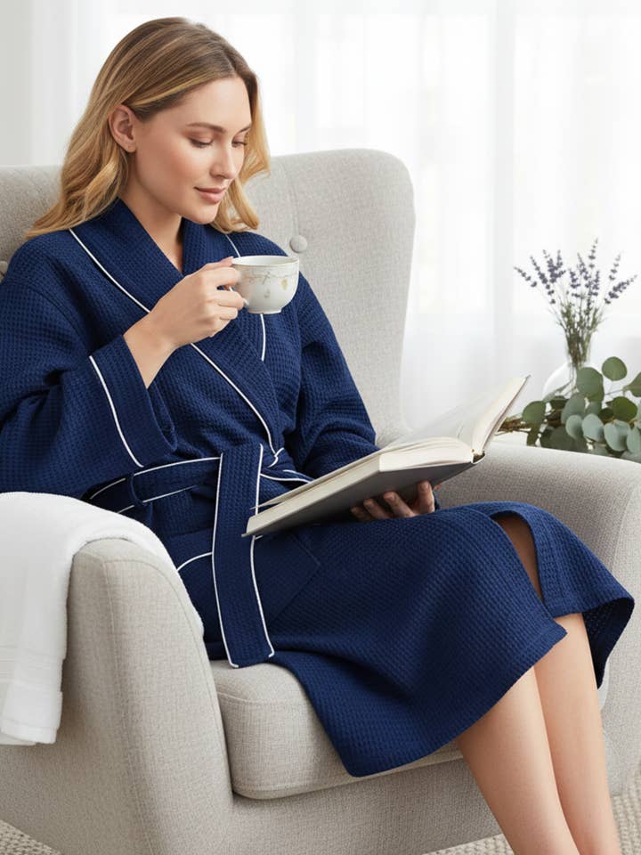 Lotus Linen - Wholesale Robe – Women's - Knee-Length Waffle Robe for Women31