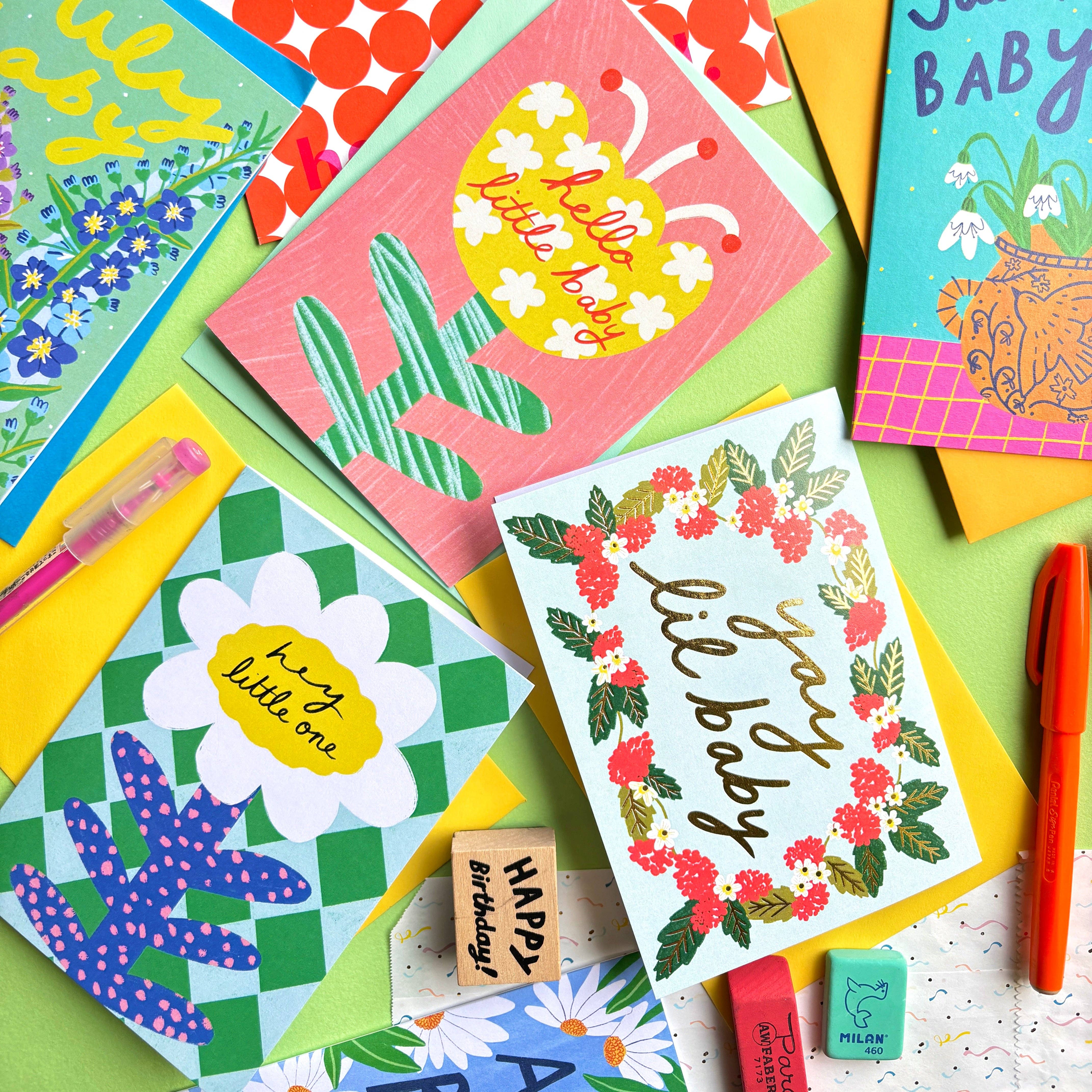 Kerrie Illustrates - Wholesale Baby Card - Yay Little Baby Greeting Card | Newborn Floral Wreath Congratulations Gold Foil1