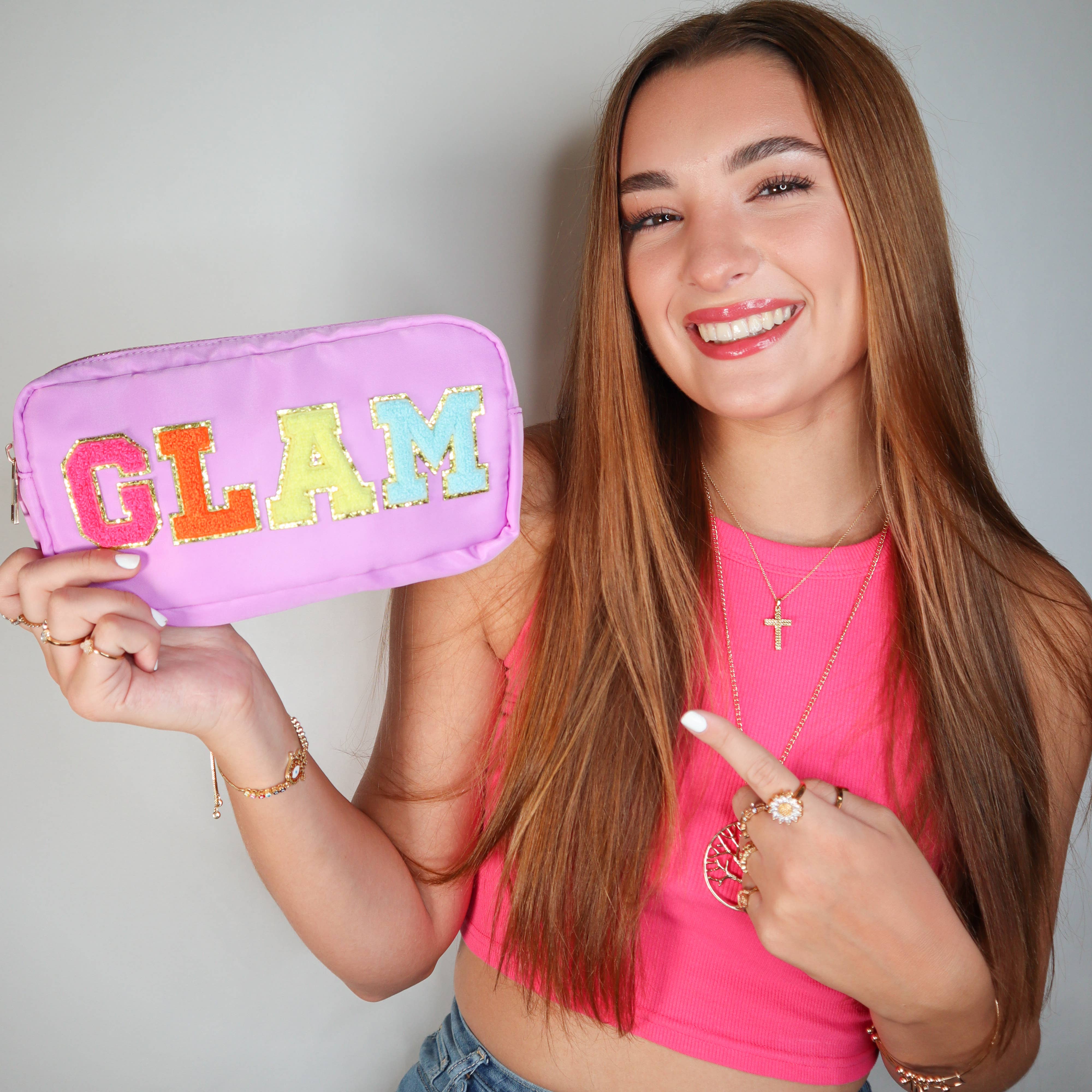 Natalia - Wholesale Makeup/Cosmetic Bag - Preppy Nylon Chenille Letter Travel Makeup Pouch - GLAM12