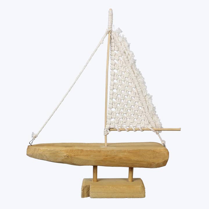 Young's - Wholesale Decorative Tabletop Object - Wood Sailboat with Macrame Sail KD (SKU#: 21864)