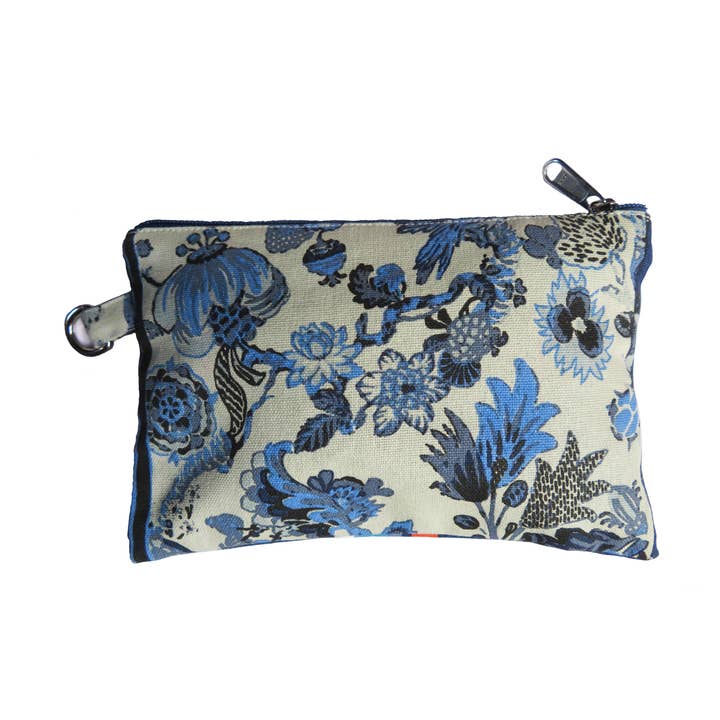 Navy blue cotton canvas leaf & bird flat pouch for wholesale by Supplement D'AM