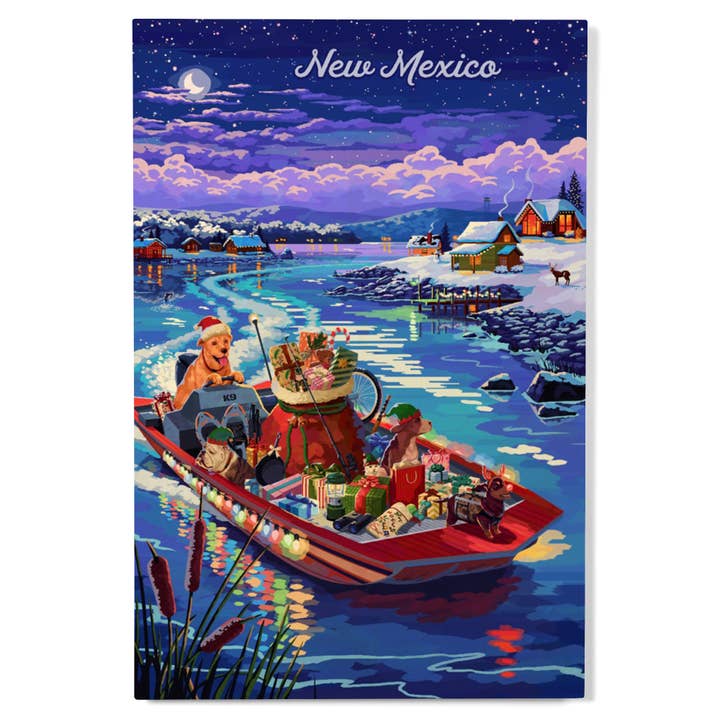 INSEGNA IN LEGNO PREMIUM Nuovo Messico, Buone Feste, Cane di Babbo Natale per la vendita all'ingrosso da parte di Lantern Press