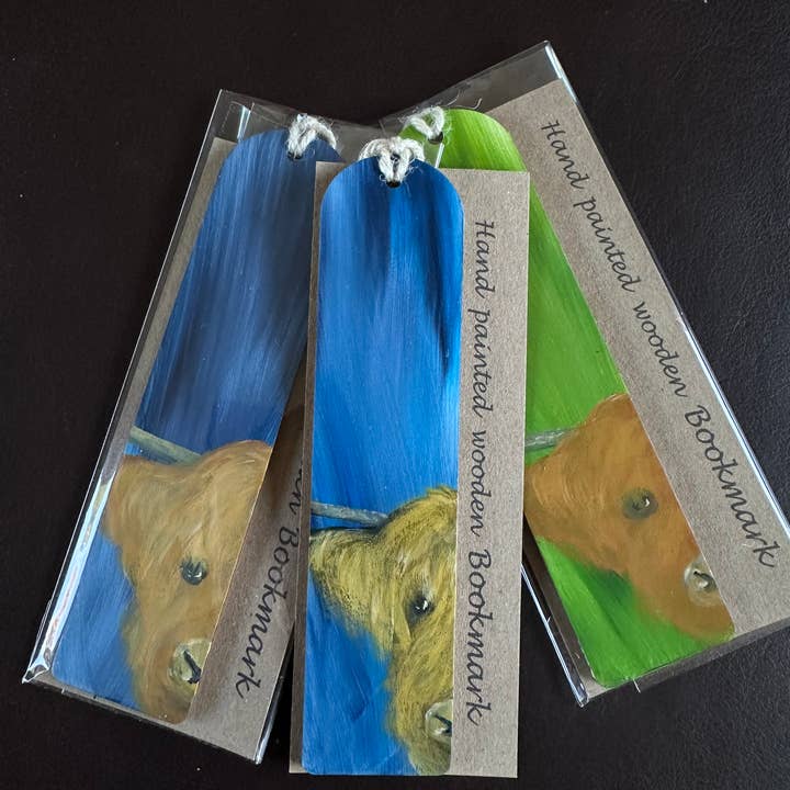 Segnalibro, Heilan Coo, dipinto a mano individualmente su legno per la vendita all'ingrosso da parte di Mi Designs, Moray