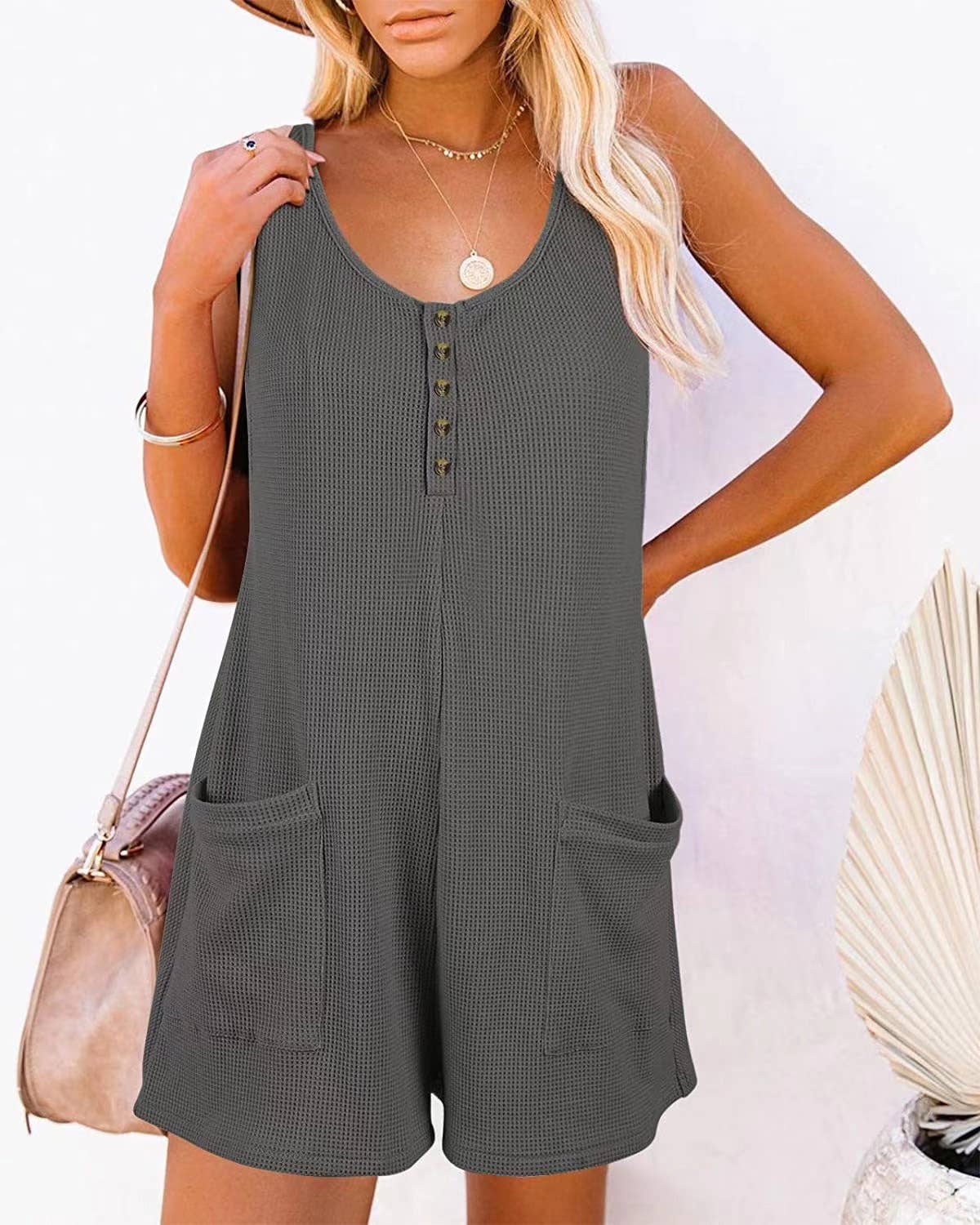 Rosa Clothing - Wholesale Romper - Women's - Waffle romper pocket jumpsuit7