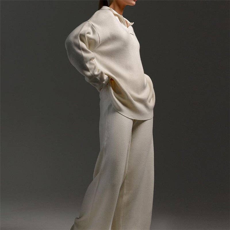 OceanusSwim - Wholesale Lounge Set - Women's - Polo Neck Knit Sweater Wide Leg Pants Set2