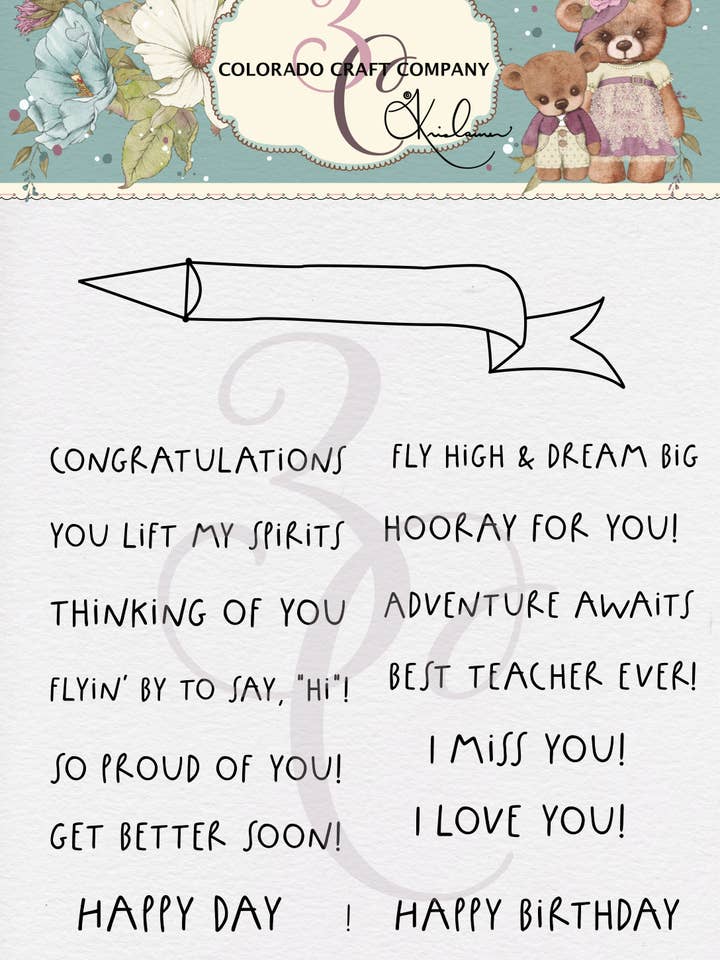 KL964 Kris Lauren~Greetings Banner 3 x 4 Clear Stamps for wholesale by Colorado Craft Company