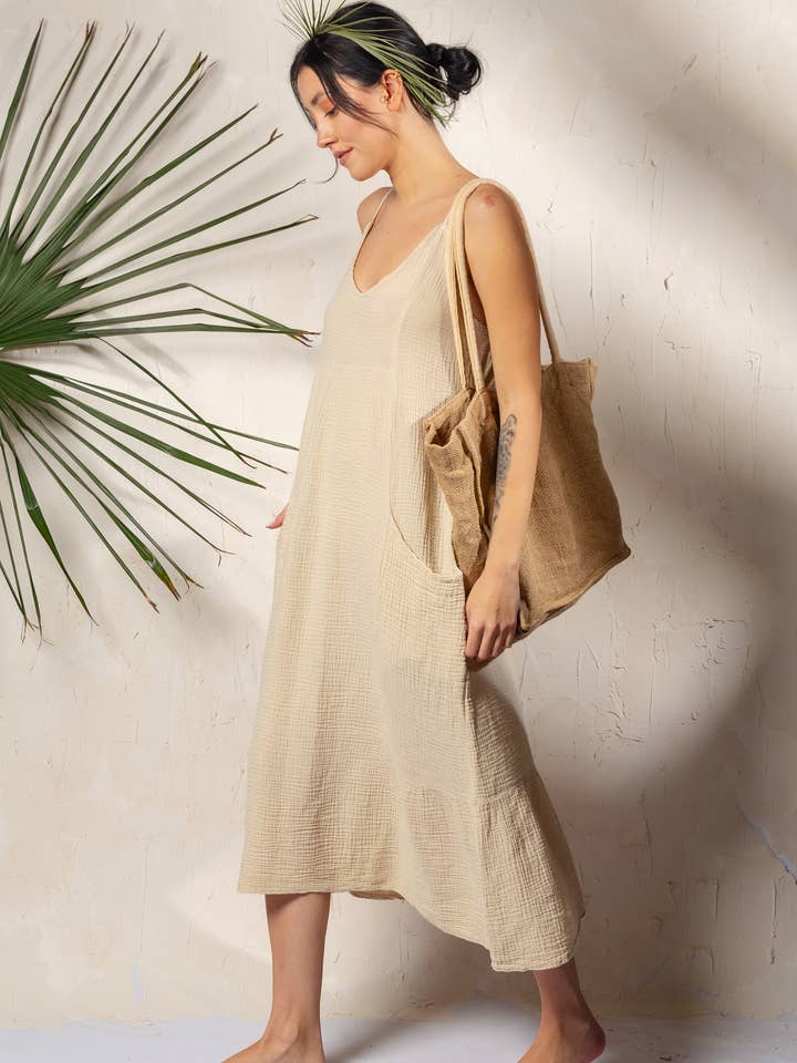 Moa - Wholesale Dress - Women's - Beige Double Gauze Strap Dress