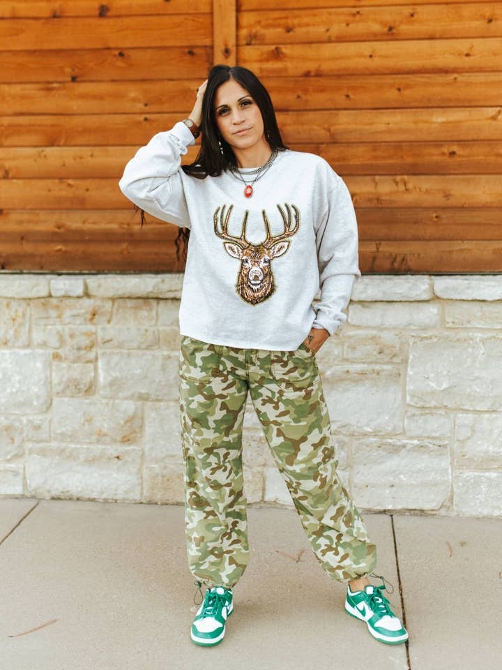 Deer Hunting Sequin Patch Sweatshirt for wholesale by Wild Junkie