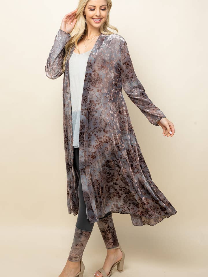 Light Grey Long Velvet Paisley Jacket – Flowy Boho Duster | Made in USA for wholesale by Kooniez