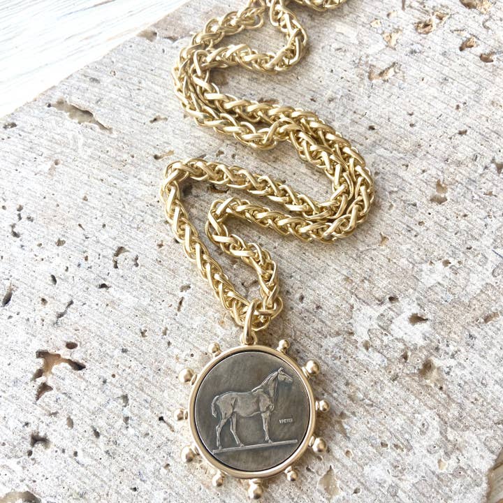 VB&CO Designs Handmade Jewelry - Wholesale Pendant/charm necklace - Matte gold horse French Bee coin necklace boutique