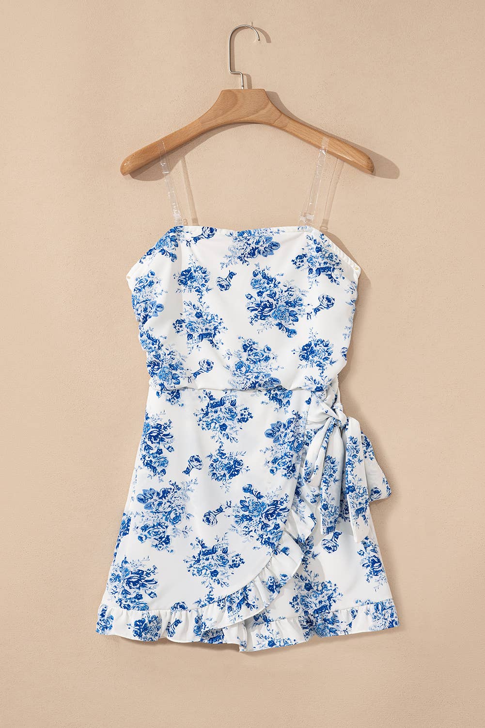 Blue Floral Print Strapless Zipped Back Knot Waist Ruffled Romper for wholesale on Faire3