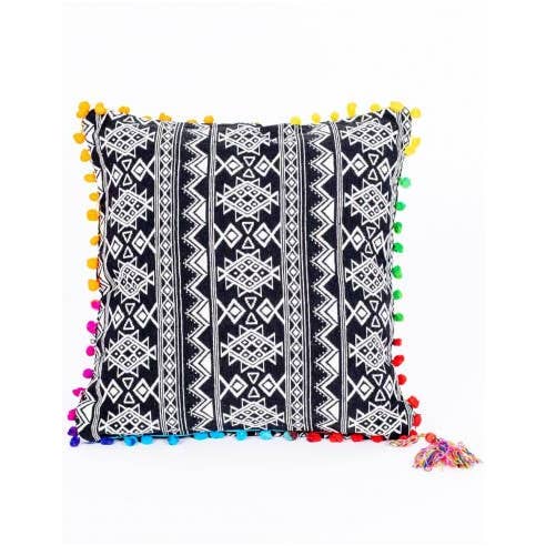 Kimago's Home - Wholesale Throw Pillow Cover - Black and White Printed Cushion Cover with Pompoms3