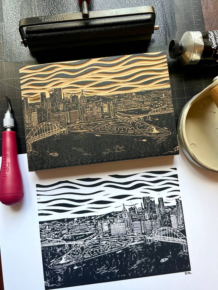 Pittsburgh Skyline Linoleum Print for wholesale by KatieMcKDesigns