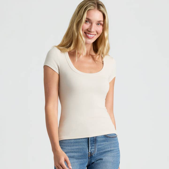 Womens Oatmeal Ribbed U-Neck Tee for wholesale by True Classic