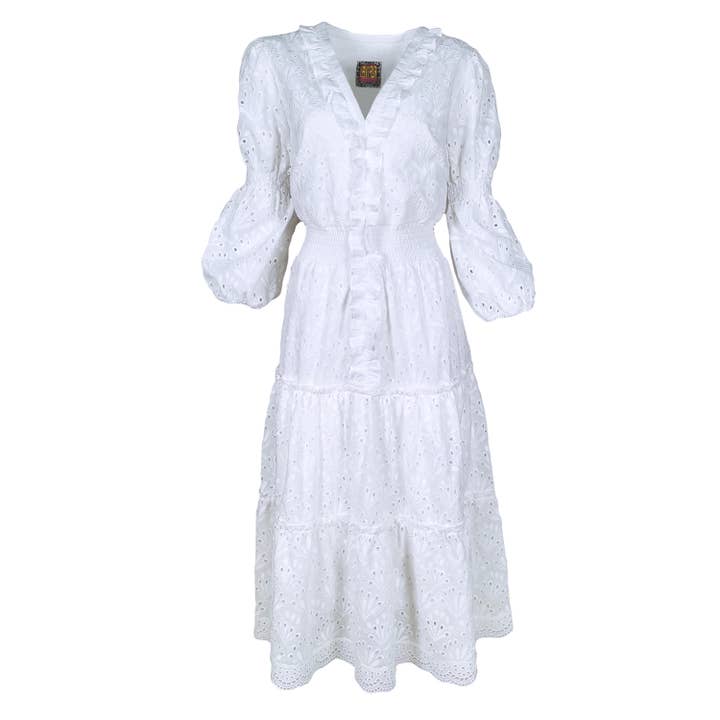 White Cotton Embroidered Midi Dress for wholesale by Lalipop Design