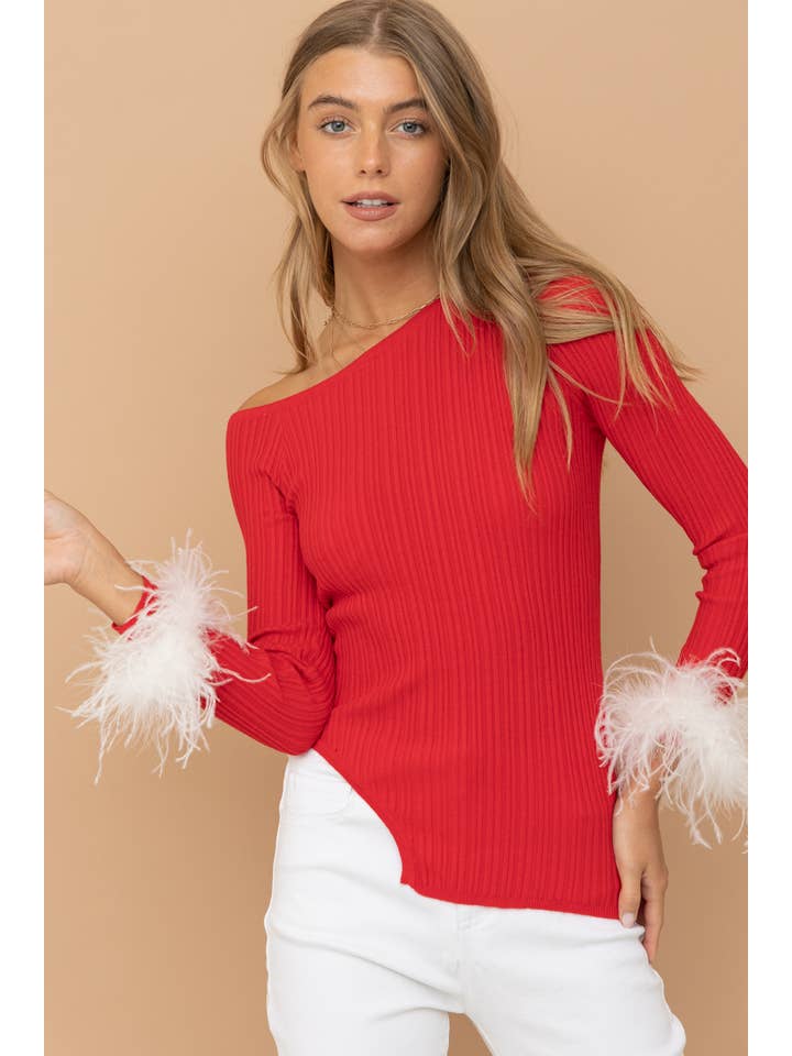Blue B - Wholesale Knit Sweater - Women's - 32210W - Ribbed Feather Cuff Off Shoulder Sweater Top