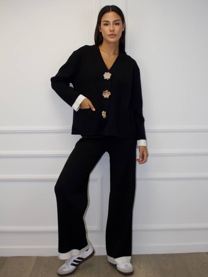 V-neck cardigan and wide-leg pants set with floral button for wholesale by Chilli Girl Collection