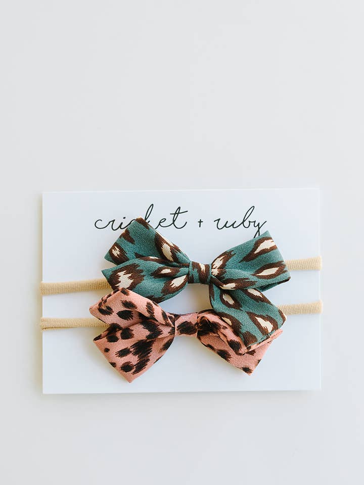 Linen Bow Headband | Blue & Pink Leopard - 2 Pack for wholesale by Cricket and Ruby