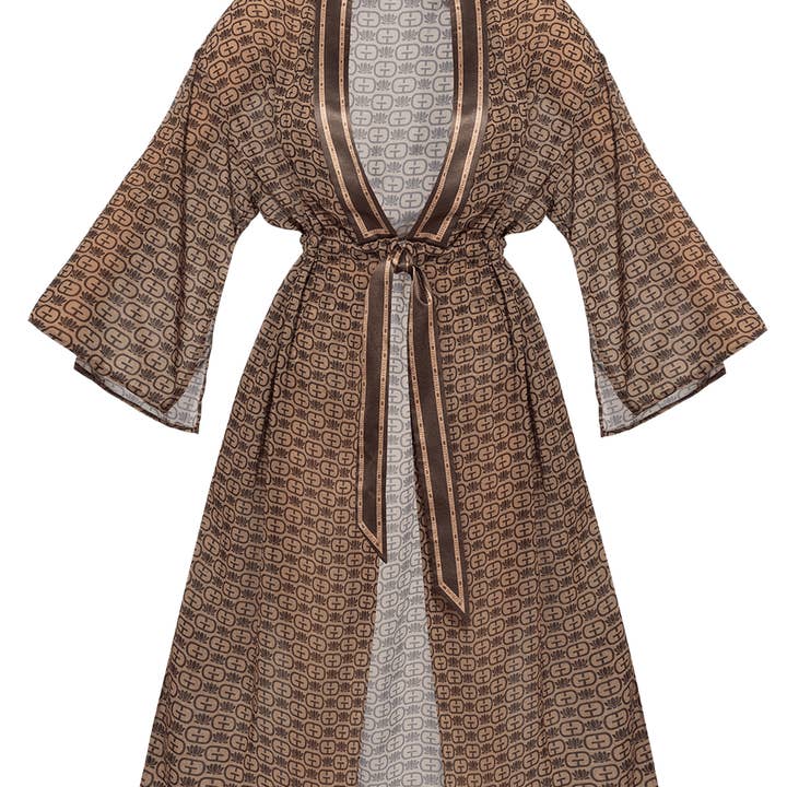 KIMONO WITH PLASTRON AND INTEGRATED BELT IN FRENCH CHIFFON - MOCHA MOUSSE LOGO for wholesale by Fashion Roots