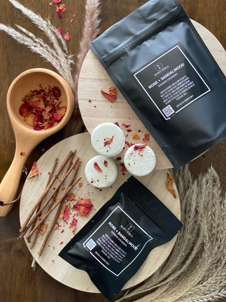 Rose + Sandalwood Shower Steamers for wholesale by Willow St. Design Co