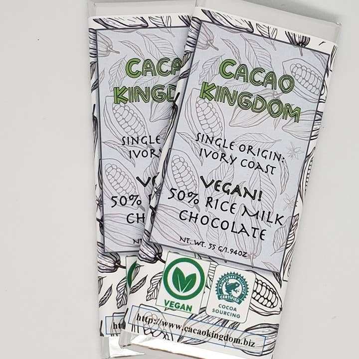 50% Vegan Rice Milk Chocolate, Ivory Coast Display Box for wholesale by Cacao Kingdom, LLC