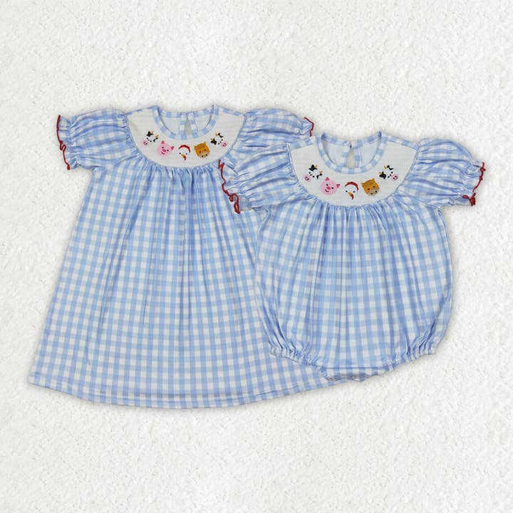Sibling Baby Girls Blue Plaid Cows Pigs Farm Smocked Rompers Dresses for wholesale by Aier Wholesale