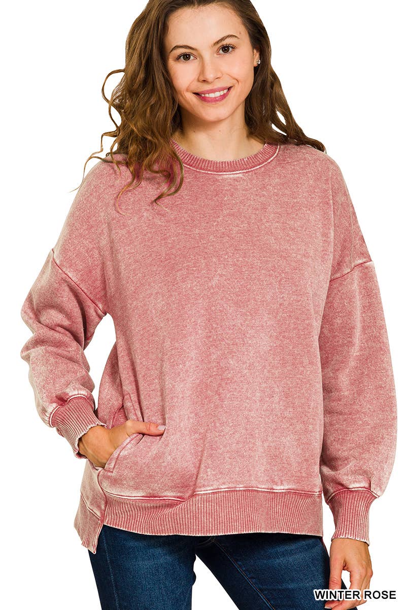 42POPS – Sweatshirt - Mulher por atacado – Pulôver de Fleece com Lavagem Ácida e Bainha Assimétrica com Bolsos SI-249808