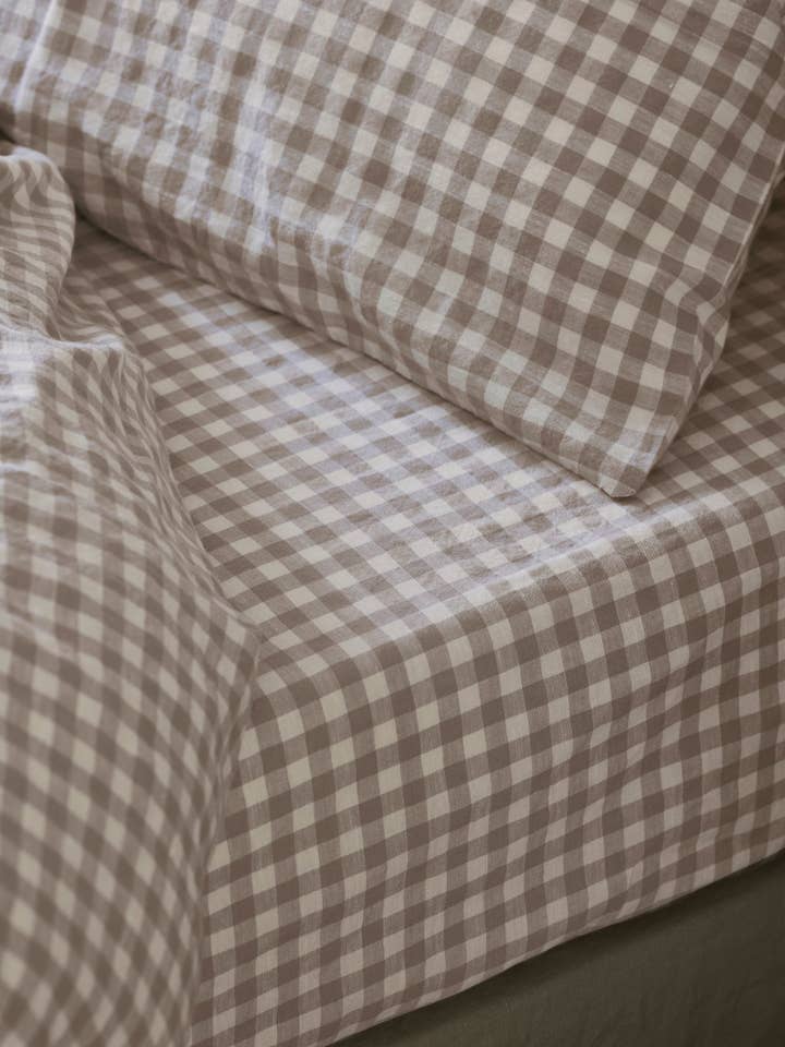 Mushroom Gingham 100% Linen Fitted Sheet for wholesale by Piglet in Bed USA