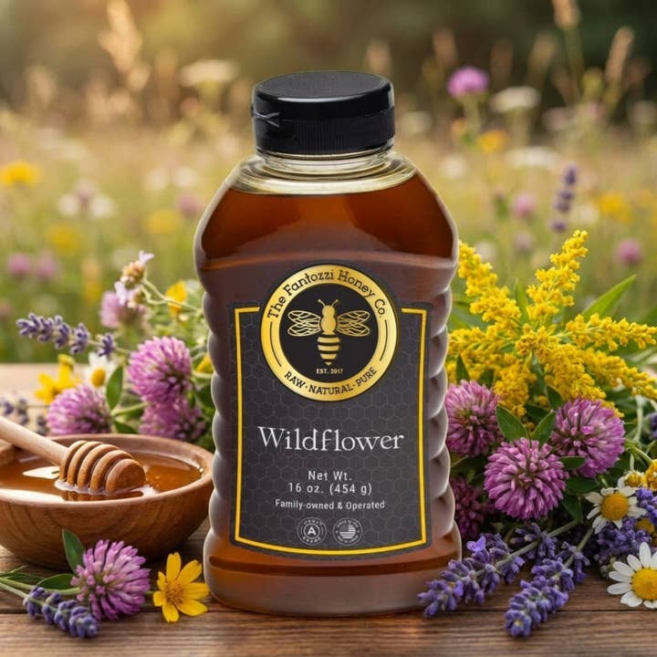 Wildflower Honey Squeeze Bottle Antioxidants & Energy 16oz for wholesale by Fantozzi Honey Company