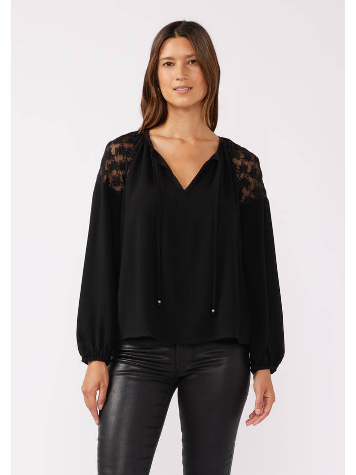 Lovestitch - Wholesale Blouse - Women's - Embroidered Mesh Long Sleeve Tie Neck Blouse