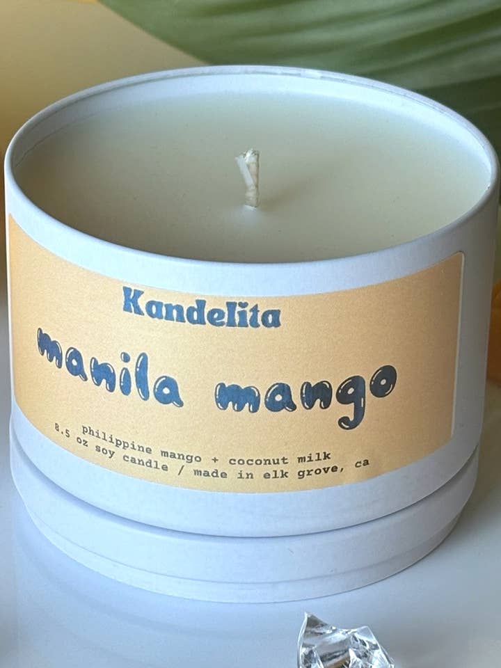 Manila Mango | Matte white tin ceramic soy candle for wholesale by Kandelita