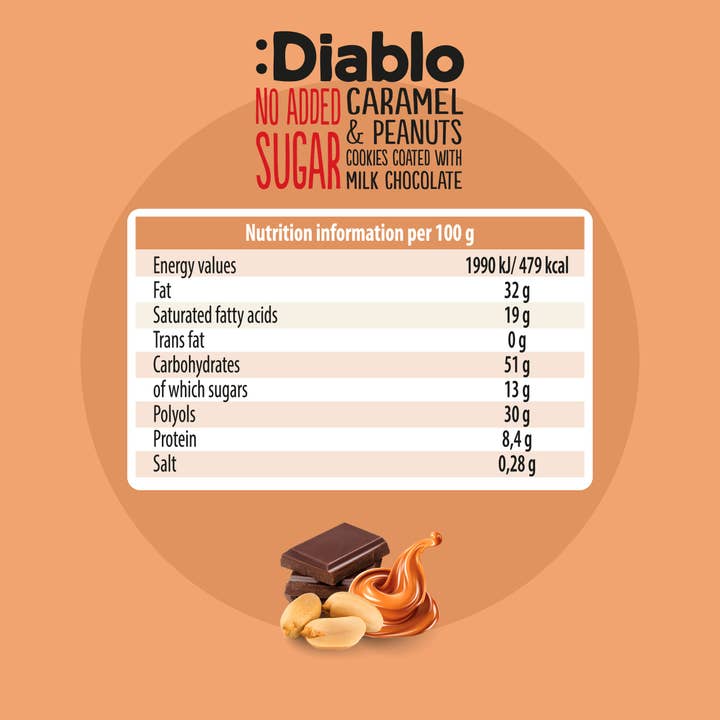 Diablo Sugar Free – Cookie por atacado – Bolachas de Caramelo & Amendoim Diablo cobertas com Chocolate de Leite 100g3