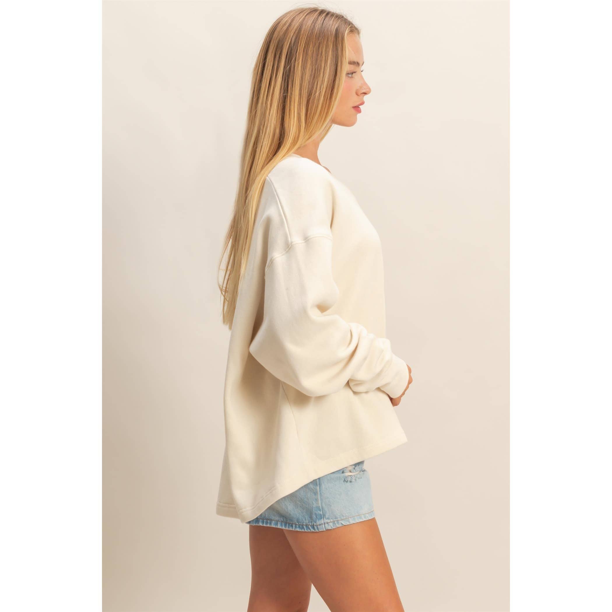 Double Zero - Wholesale Sweatshirt - Women's - Oversized V-Neck Sweatshirt With Raw Edge Detail5