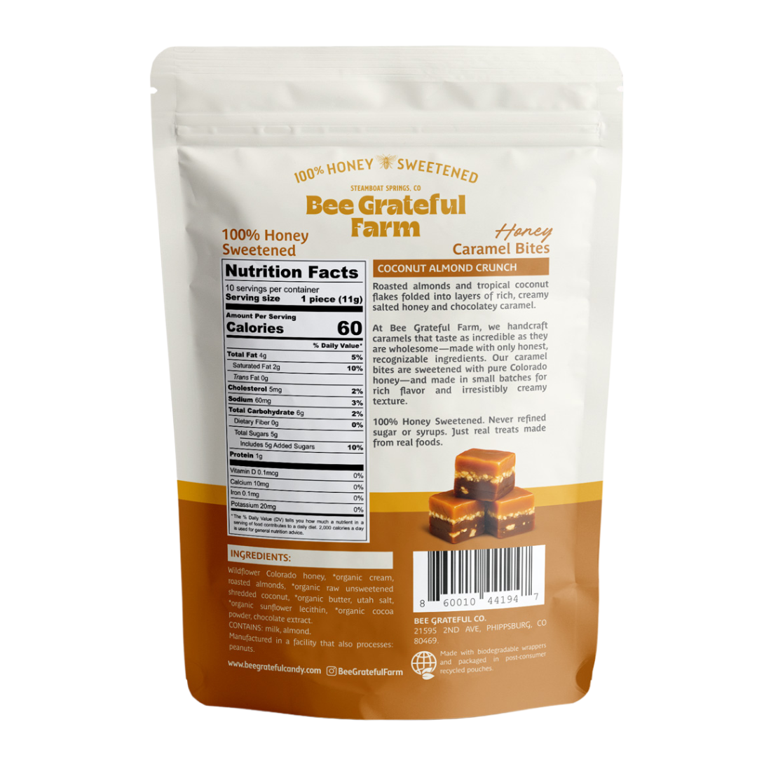Bee Grateful Farm's 100% Honey Sweetened Caramels - Wholesale Caramel - Coconut Almond Crunch Honey Caramel Bites (12 Units) 1