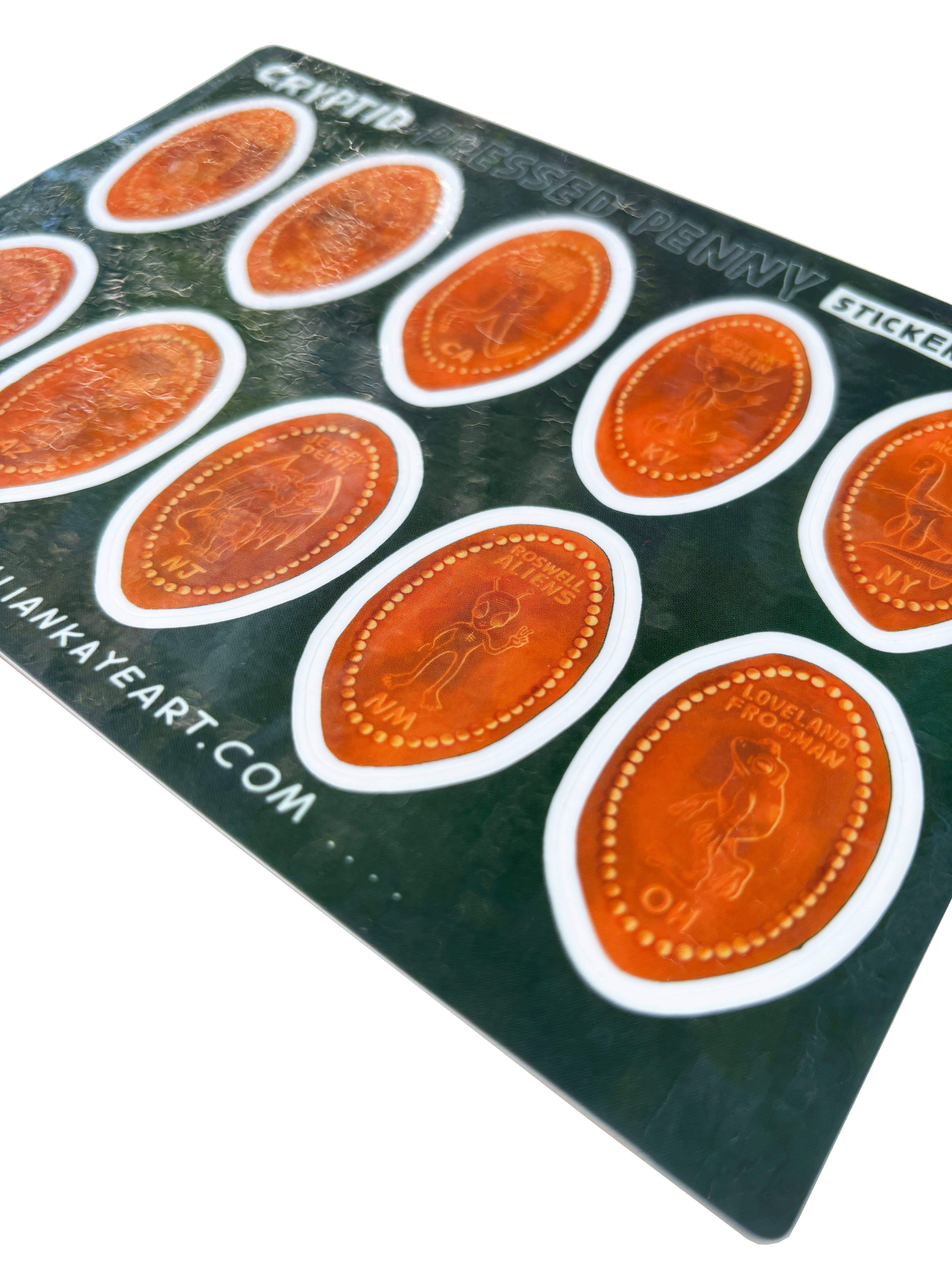 Jillian Kaye Art - Wholesale Sticker - Pressed Penny U.S. Cryptids | 5x7 Sticker Sheet1
