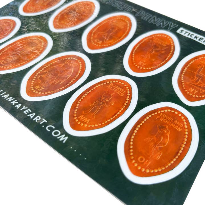 Jillian Kaye Art - Wholesale Sticker - Pressed Penny U.S. Cryptids | 5x7 Sticker Sheet1