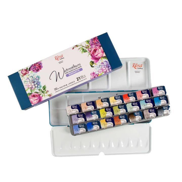 Fainotoys - Wholesale Watercolor Paint - ROSA Gallery Romantic Watercolor Set - 21 Colors, Full Pans in Turquoise Metal Case