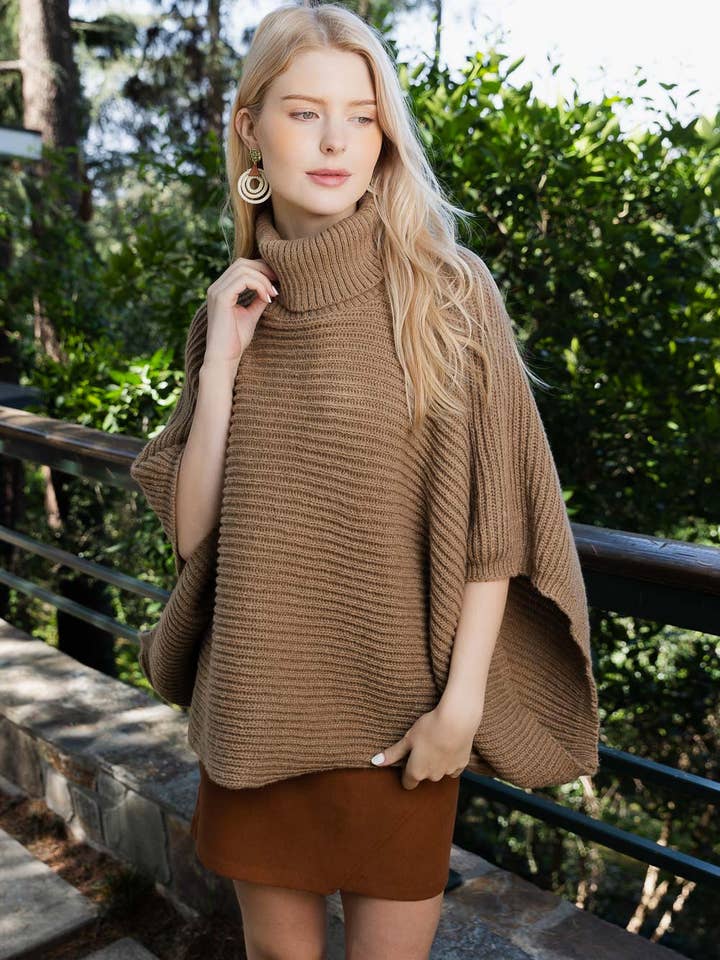 Leto Accessories - Wholesale Poncho - Women's - 🐢 Turtleneck Ribbed Knit Poncho w/ Armholes