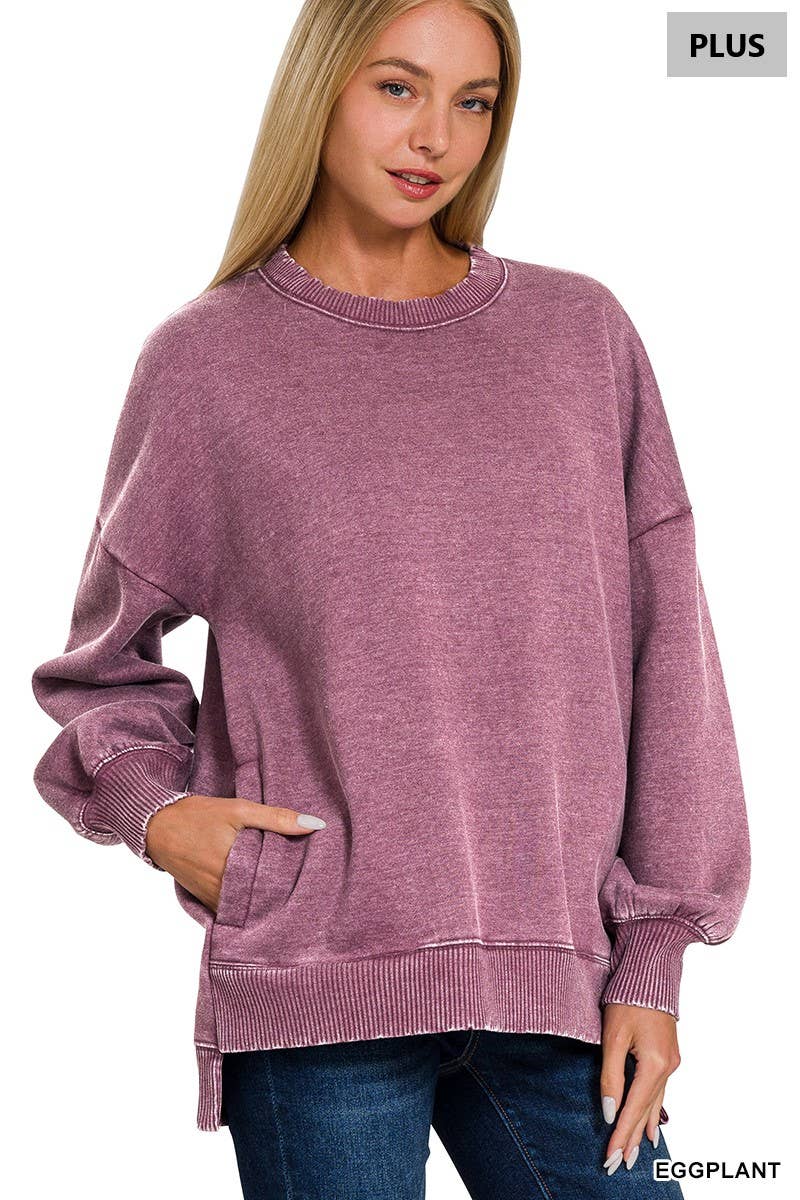 42POPS - Wholesale Sweatshirt - Women's - .Plus Acid Wash Fleece Hi Low Hem Pullover With Pockets17