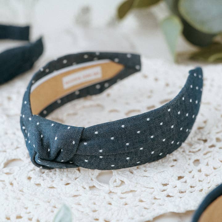 Polka Dot Western Chambray Knot Headband | Navy Blue Indigo for wholesale by Maddie and Me Handmade