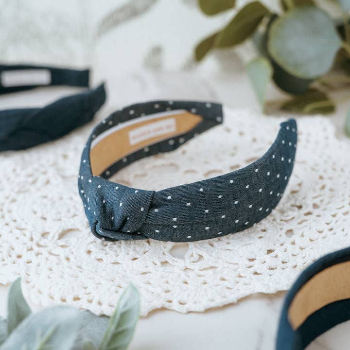 Maddie and Me Handmade - Wholesale Fashion Headband - Women's - Polka Dot Western Chambray Knot Headband | Navy Blue Indigo0