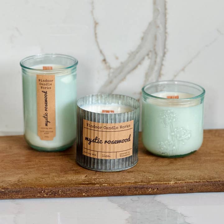 Mystic Rosewood - Pure Soy Wax Wood Wick Candles, Tin Glass for wholesale by Windsor Candle Works