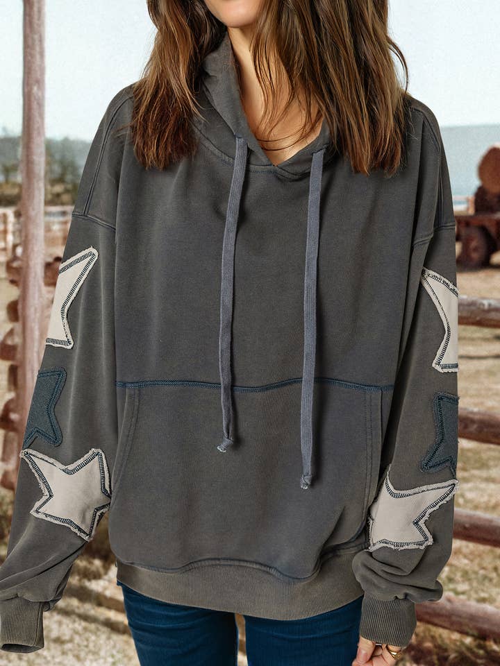 Fashion Star Patch Contrast Stitching Kangaroo Pocket Hoodie for wholesale by fashionworks