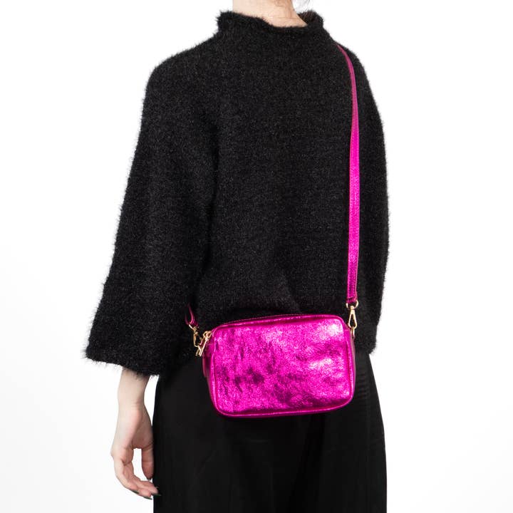 Sarta Pelle - Wholesale Crossbody Bag - Women's - Naomi - Italian Leather Crossbody Bag - Raspberry, Metallic1