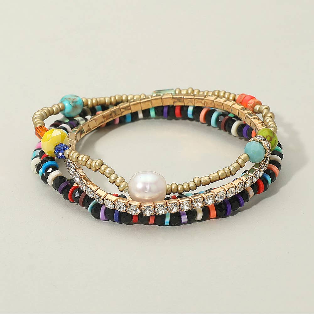 Sensibling Corp. - Wholesale Beaded Bracelet - 4PCS - Freshwater Pearl Accented Heishi Faceted Beaded Stretch Bracelets0