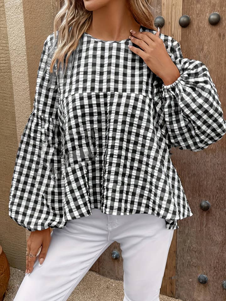 Gingham Checkered Lantern Sleeve Blouse for wholesale by Rosa Clothing