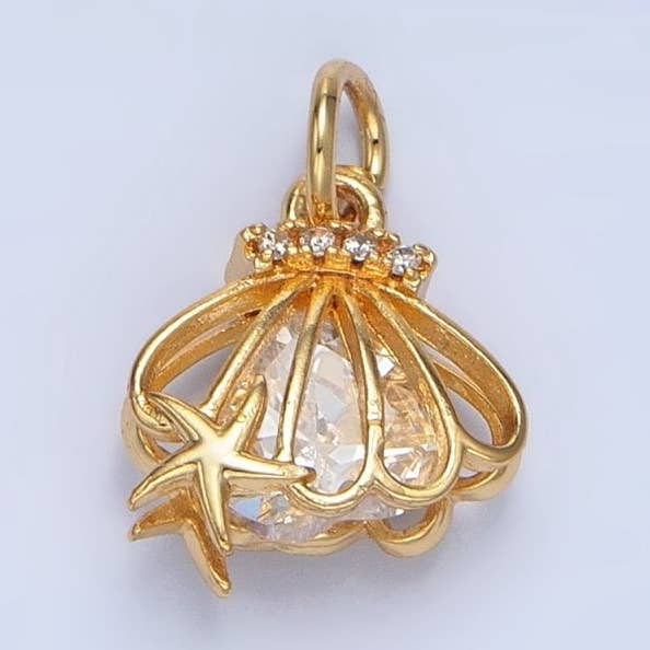 24K Gold Filled Open Clear CZ Starfish Sea Clam Shell Mini Charm | X741 for wholesale by Aim Eternal